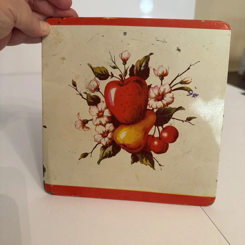 Vintage Pro-Tex Hot Plate Stove Mats Set of 2 Fruit Motif Red Cream Metal Trivet